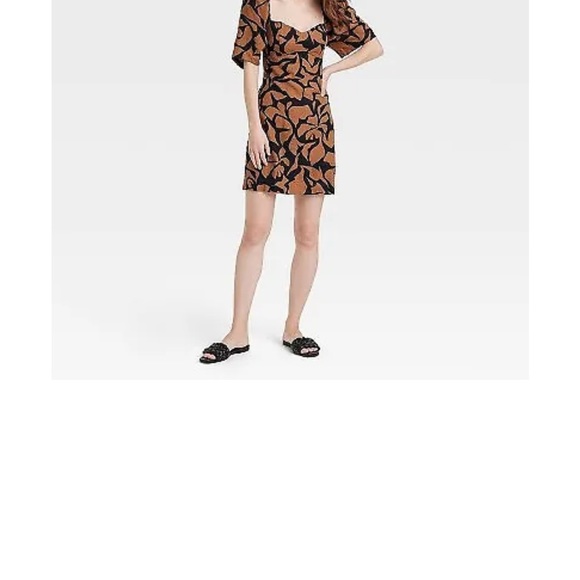 A New Day | NWOT Women's Puff Short Sleeve Dress - Brown Leaf - Picture 2 of 11